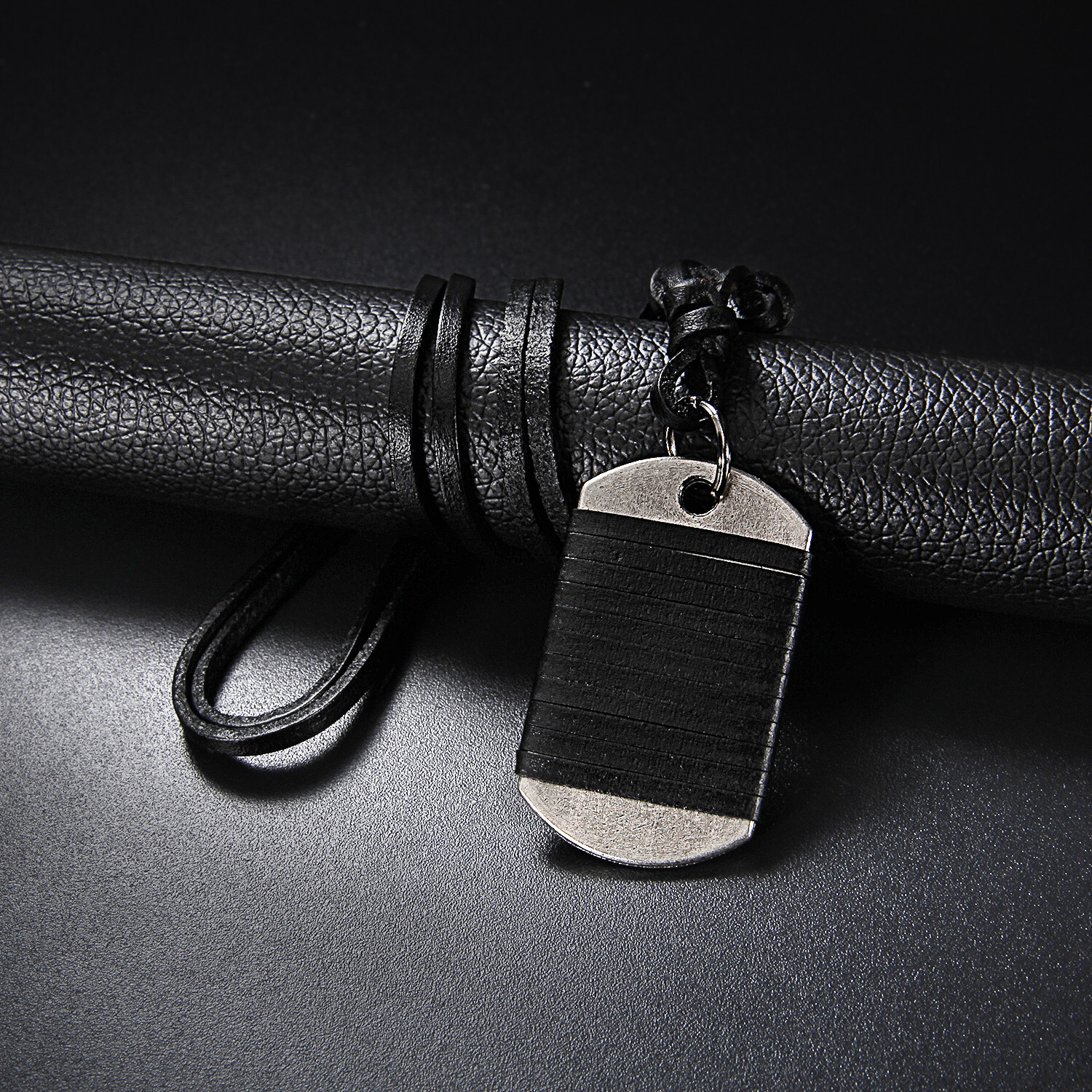 Army Military Dog Tag Men’s Black Leather Pendant Necklace w Adjustable Cord