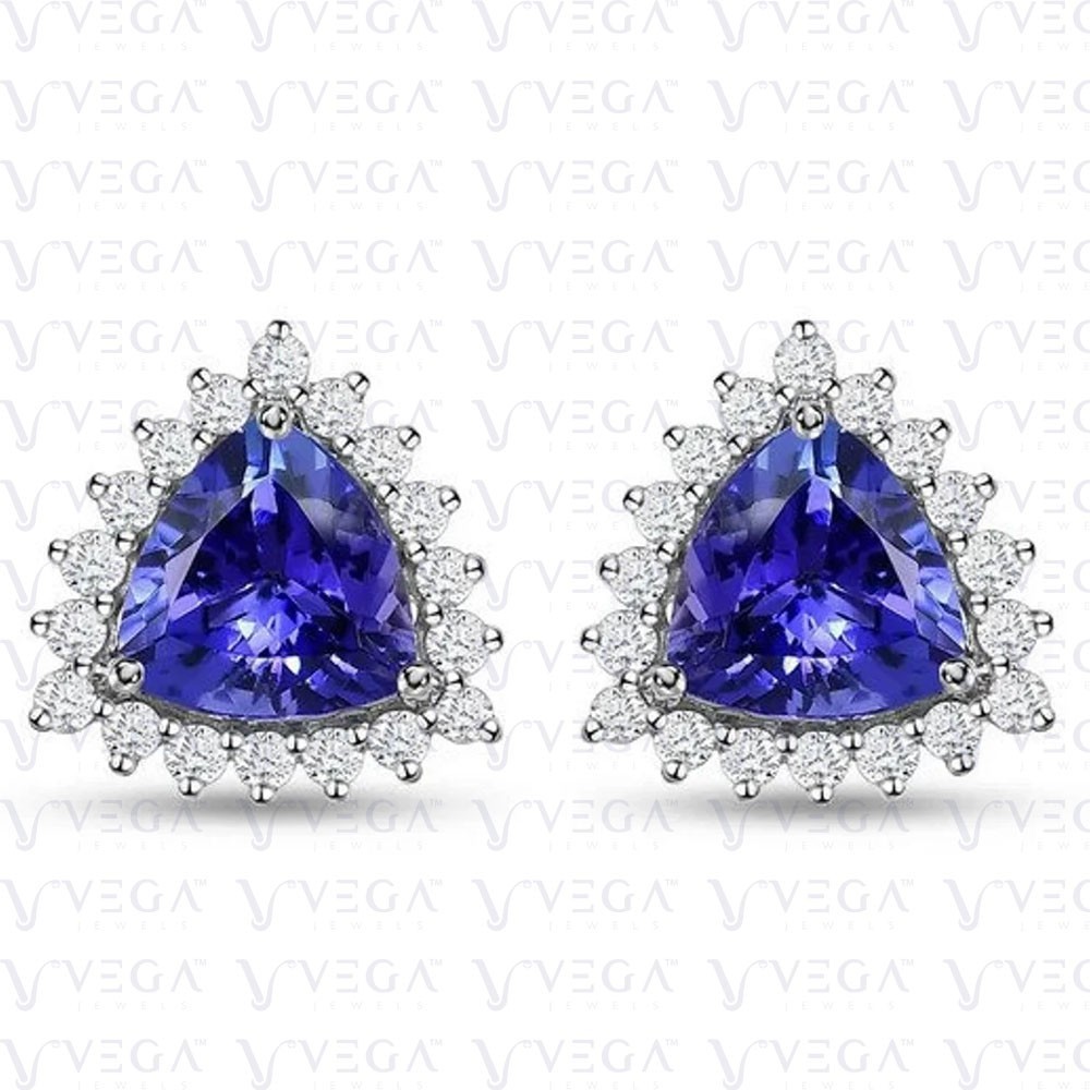 5Ct Trillion Natural Tanzanite & Diamond Stud Pair Earring 18k White Gold Plated