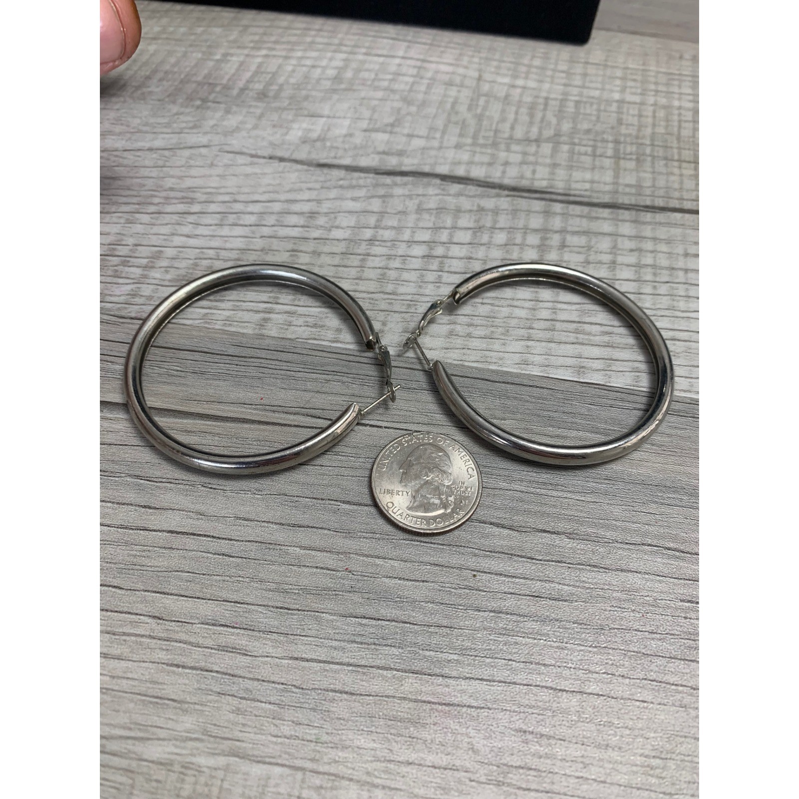 Large Silver Tone Hoop Earrings 2 Inch Round Tubular Latch Back Classic Jewelry