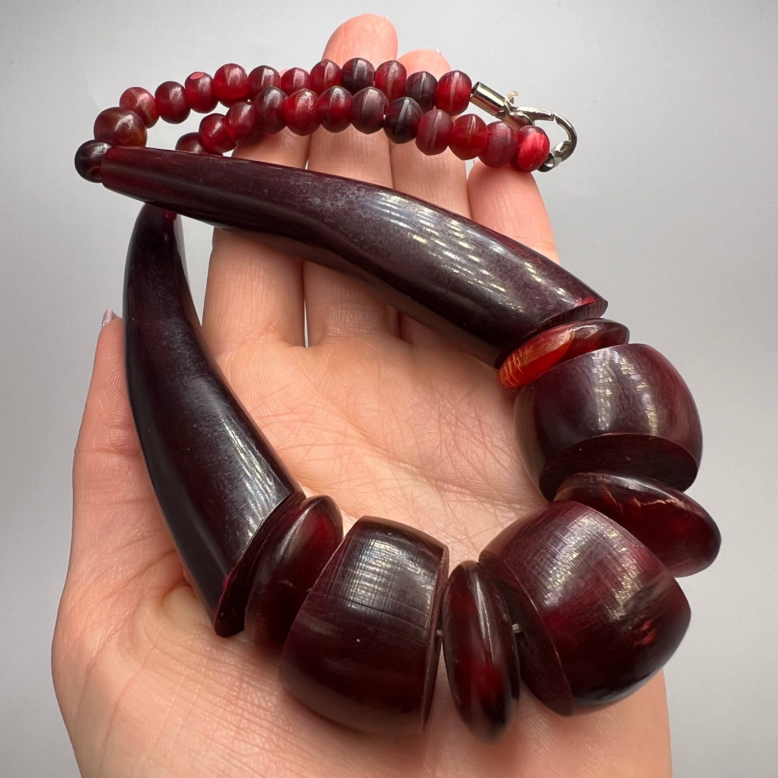 Vintage Natural Horn Statement Necklace Soviet Handmade Boho Jewelry Beads