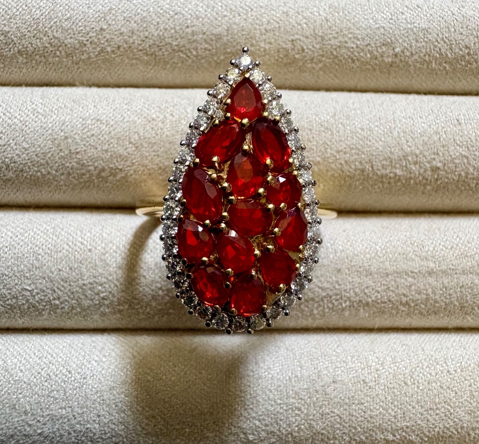 Mexican Cherry Fire Opal, Moissanite Cluster Ring – Size 9 (2.0 ctw.)