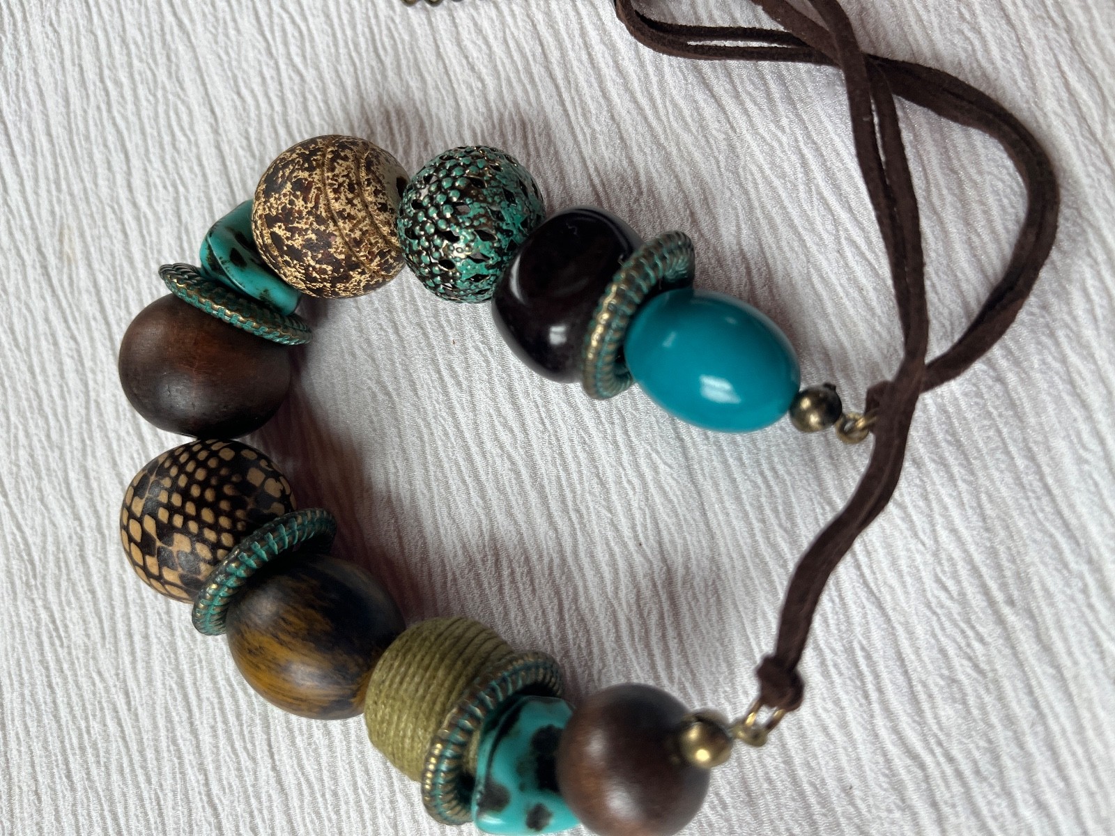 Dark Brown Double Suede Cord w Chunky Turquoise Brown Metal Wood Plastic Bead