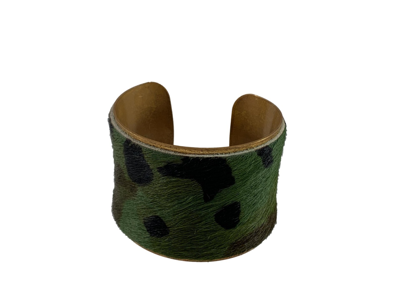Bracelet Green Black Brown Camo Pattern Calf Hair Over Brass Open Cuff 2″ Wide