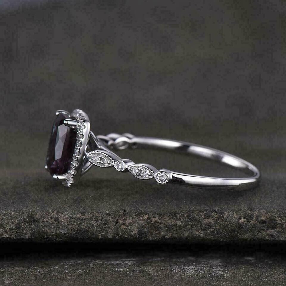 2Ct Cushion Cut Alexandrite Halo Women’s Engagement Ring 14K White Gold Finish