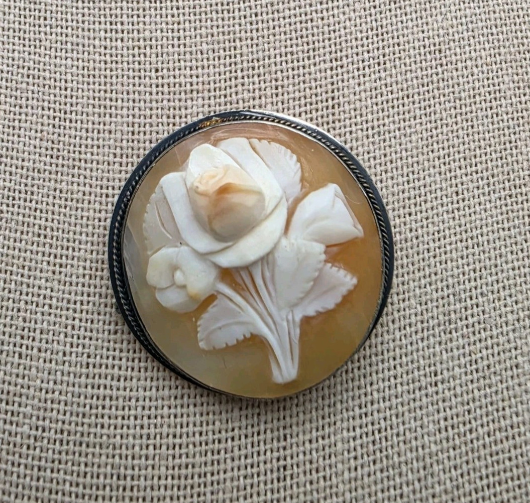 Vtg Carved Rose Shell Cameo Brooch Pendant 900? Silver 1″ Round See Pic