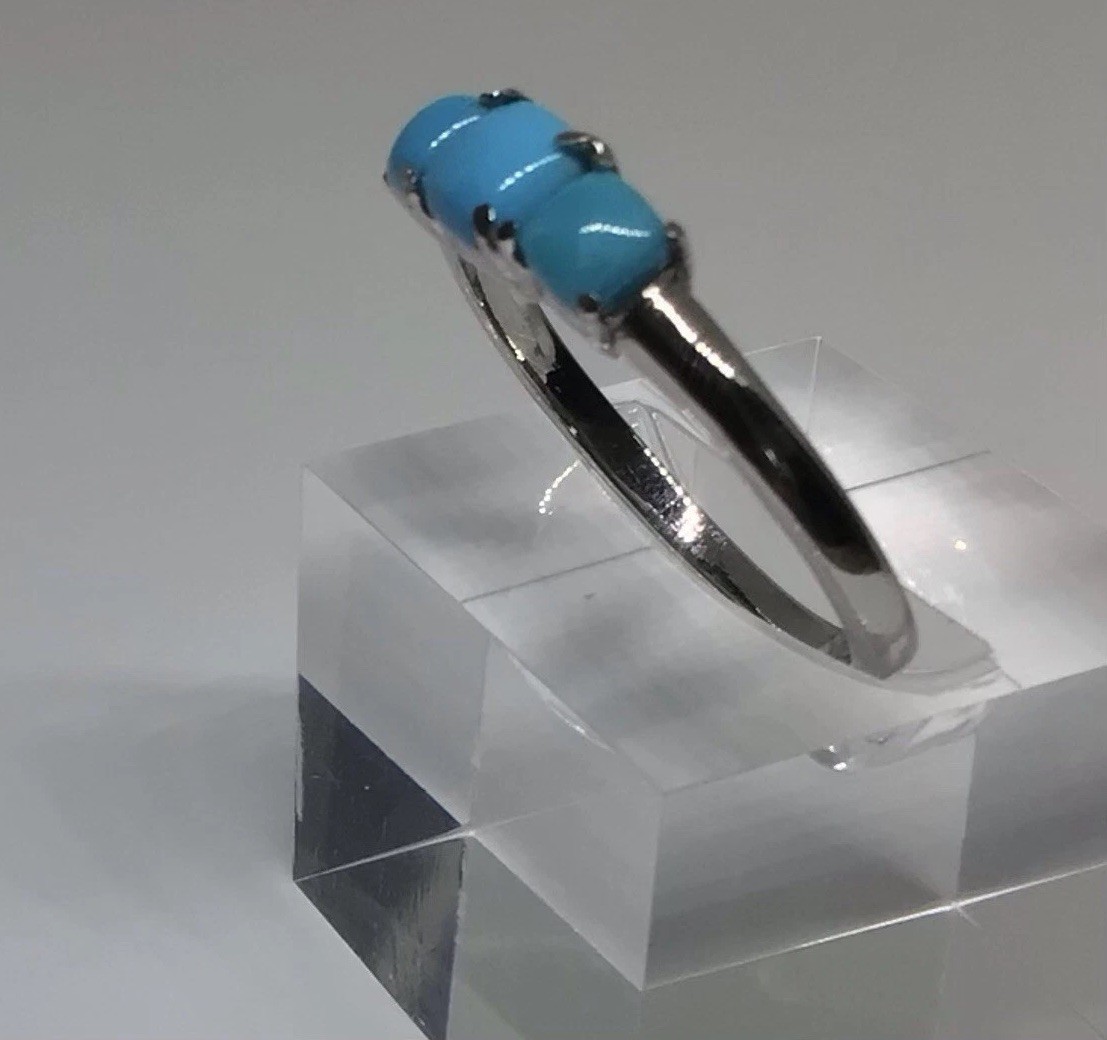 Three-Stone Cushion Sleeping Beauty Turquoise Pure Stainless Steel Ring SZ 10