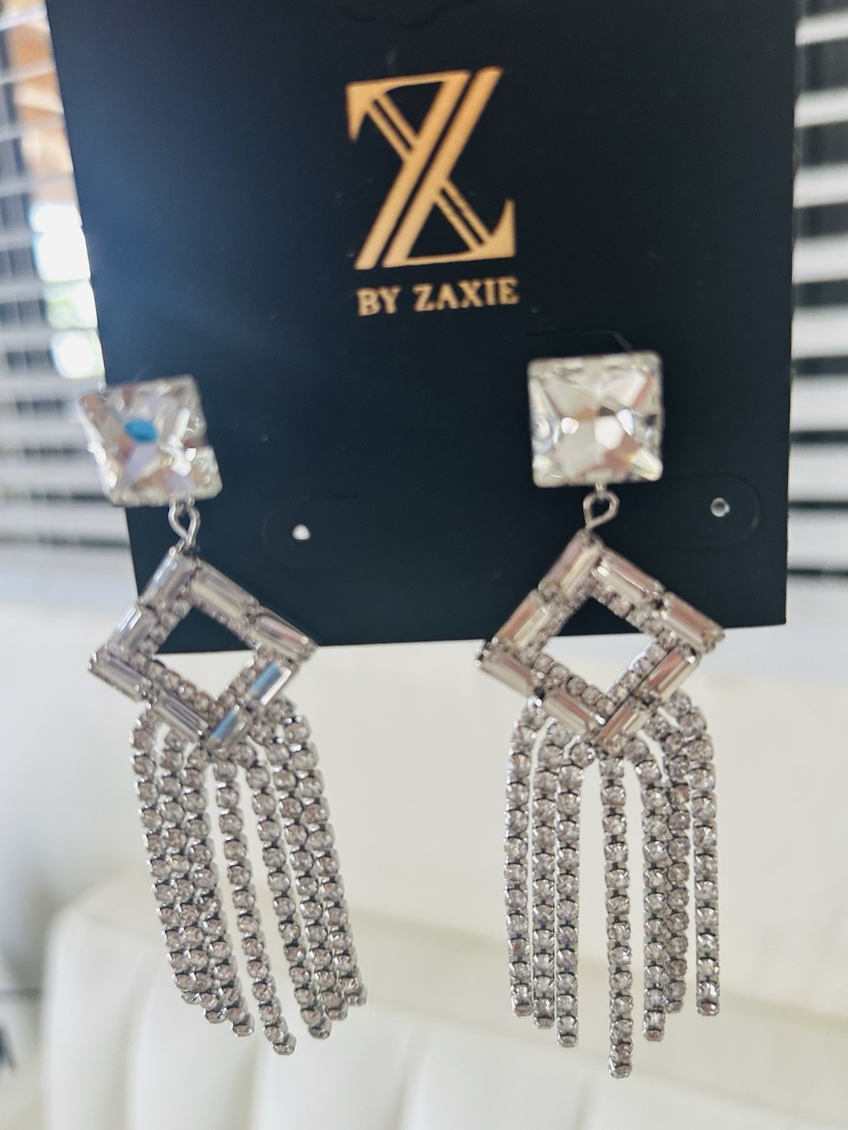 By Zaxie Silver Tone Rhinestone Fringe Dangle Earrings Geometric Statement