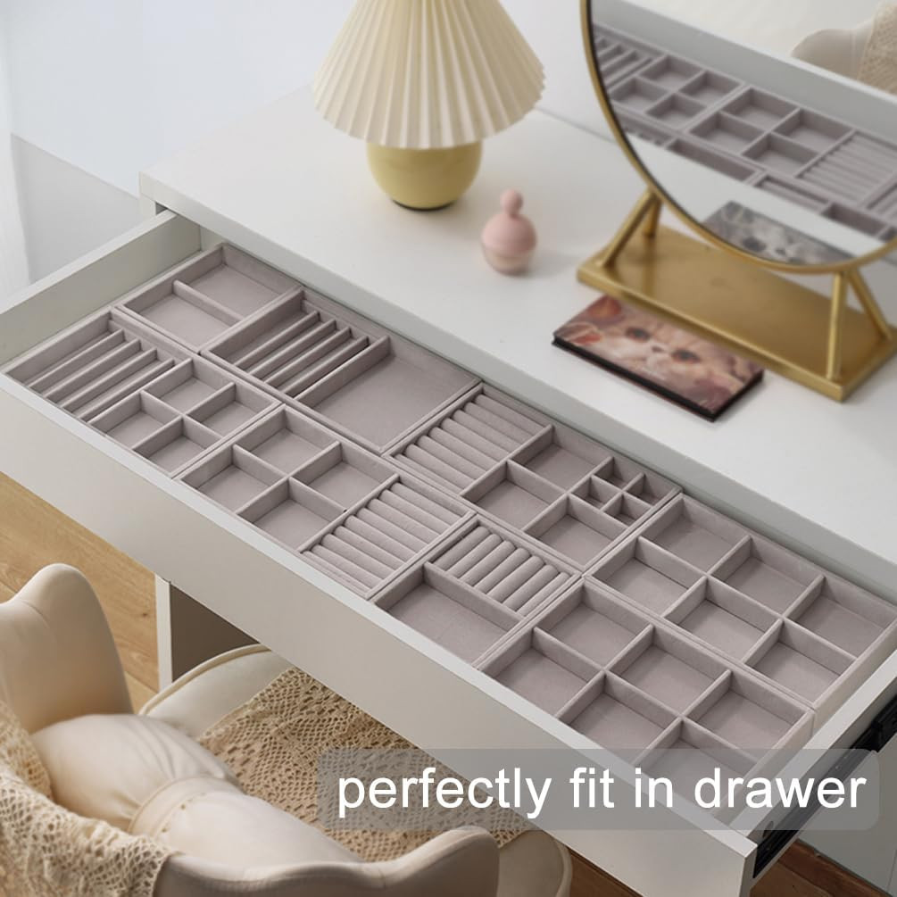 10 Pack Jewelry Organizer Tray Drawer Inserts Stackable Velvet Liner Dividers Cu
