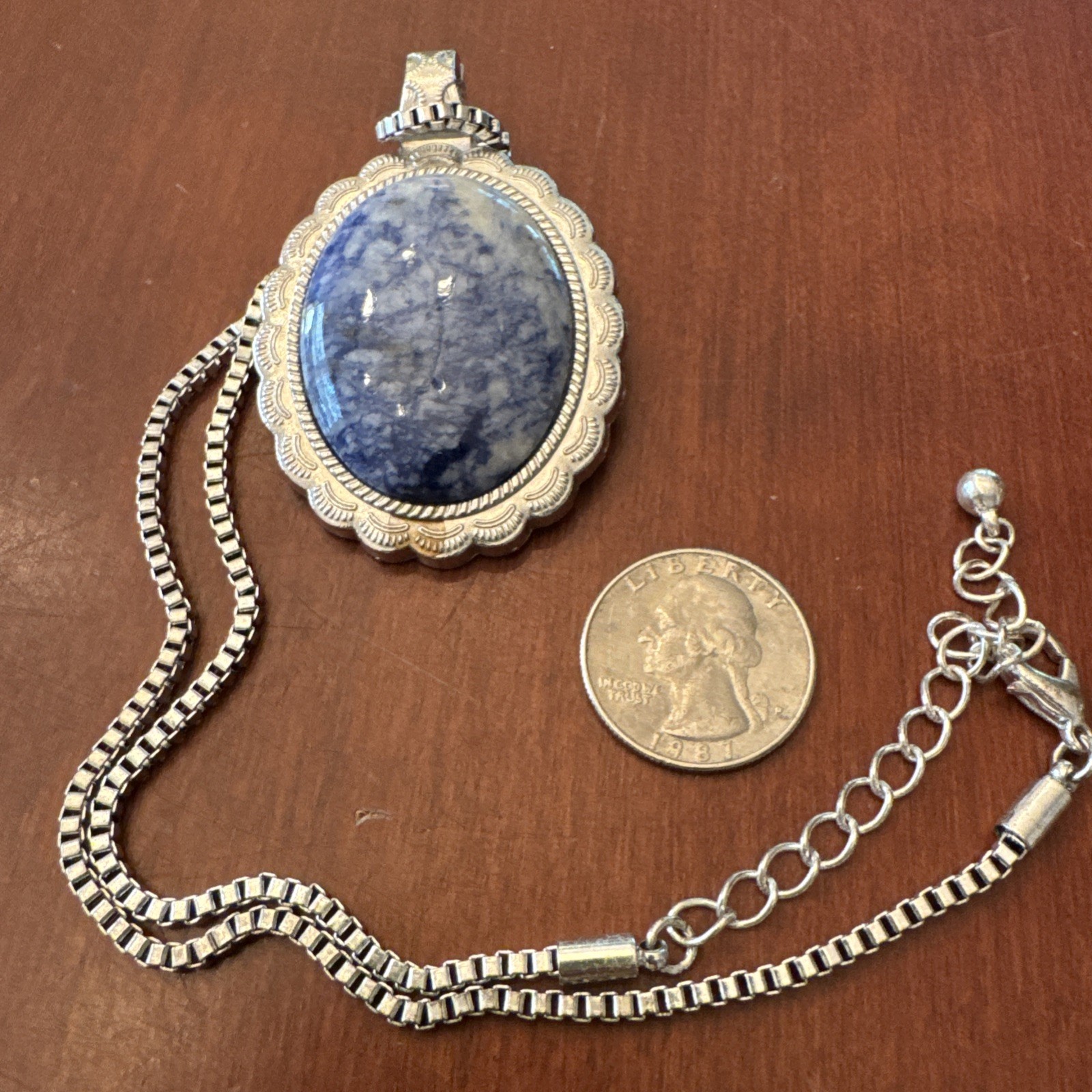 Silver Tone Blue White Sodalite Gemstone Oval Pendant Statement Necklace 905