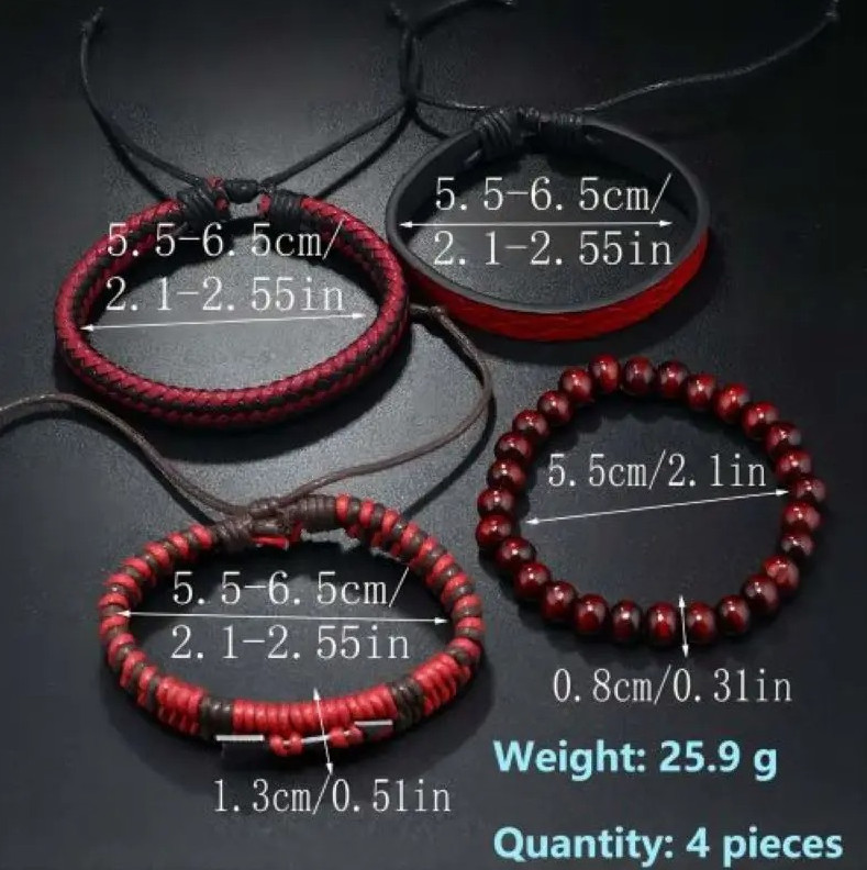 4 pcs Vintage Men’s Leather Bracelet Wooden Beads Cupid Arrow Hand Woven