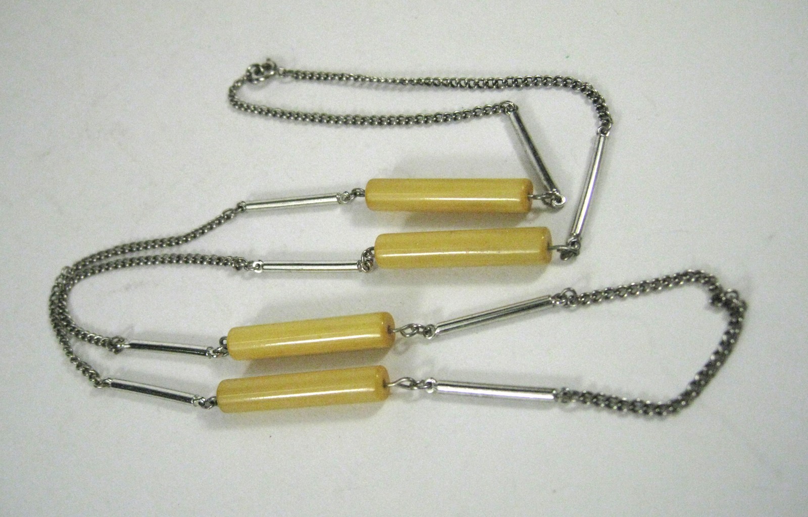Necklace Strand String Silvertone Chain Yellow Plastic Beaded 30 In Unsigned