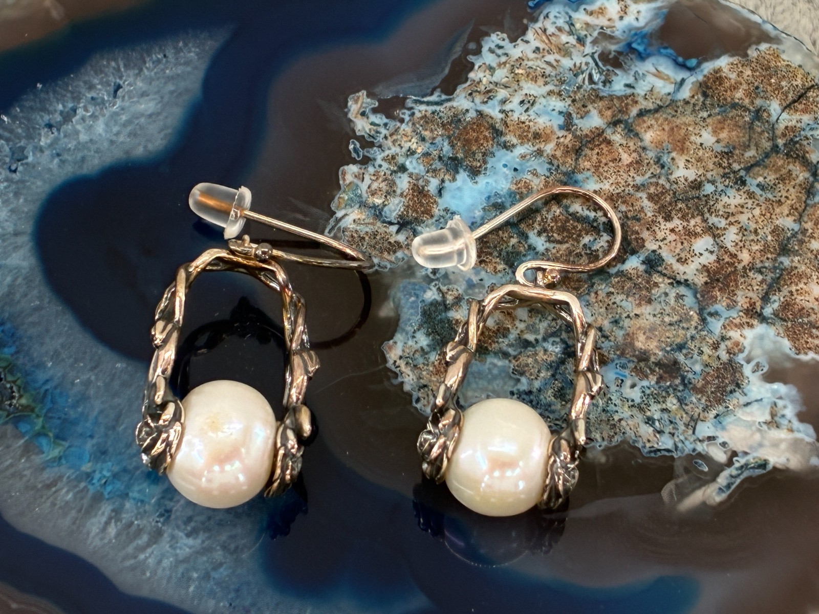 Or Paz White Cream Pearl Sterling Silver French Hook Floral Earrings Oxidized