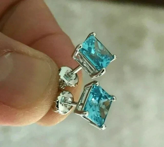 2Ct Princess Cut Lab-Created Blue Topaz Women Stud Earring 14K White Gold Plated