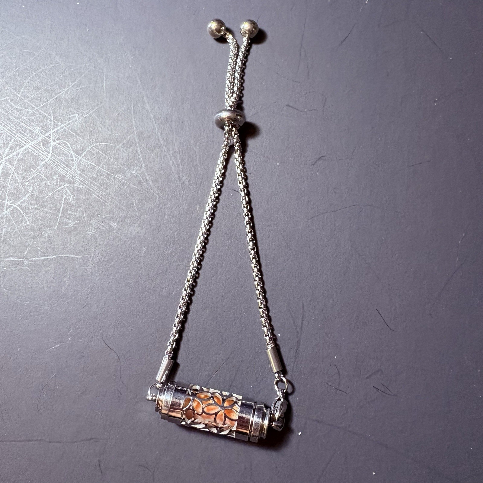 Silver Tone Adjustable Slider Bracelet Cutout Cylinder Orange Stone Accent Boho