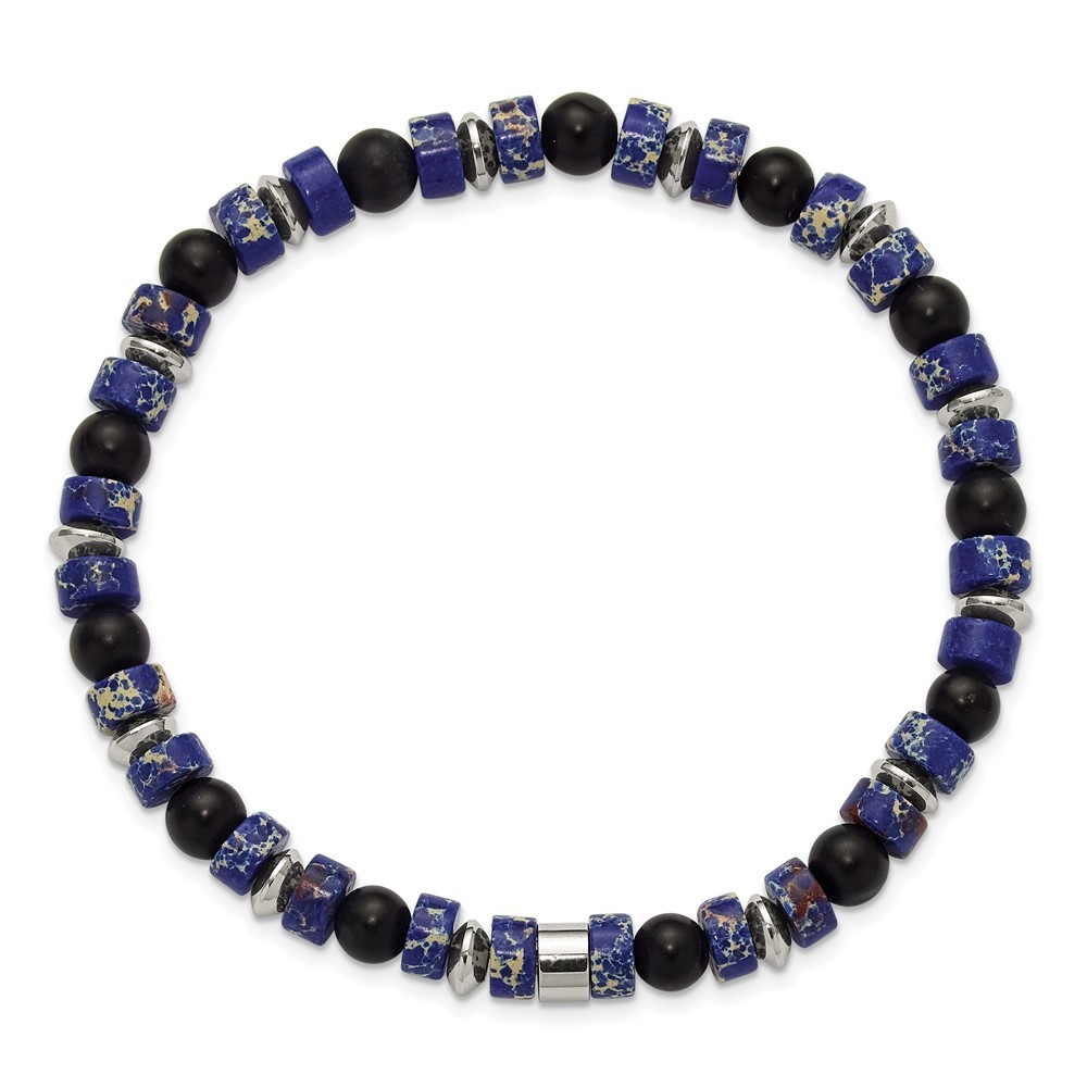 Stainless Steel 6.40mm Blue Emperor and Black Onyx Beaded Stretch Bracelet 7.5″