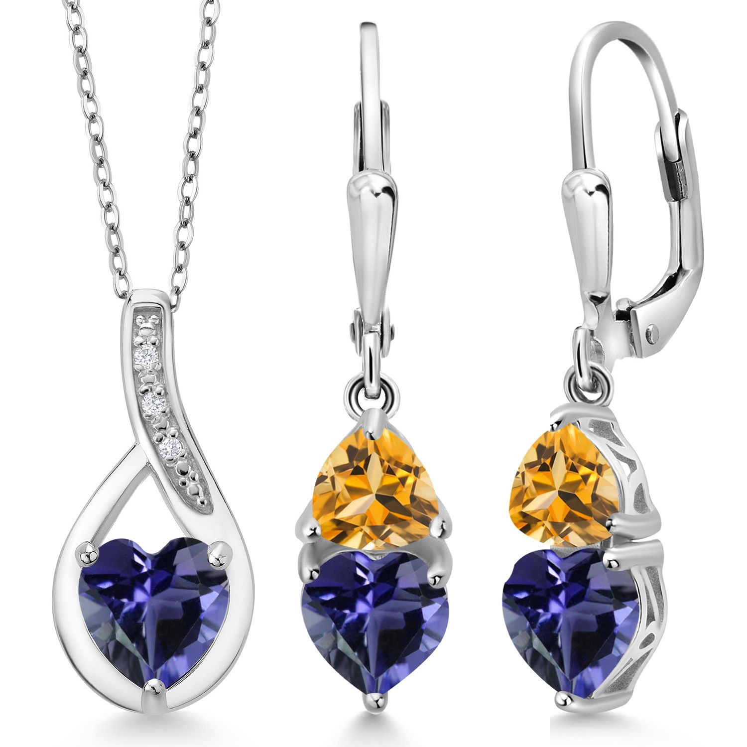 925 Sterling Silver Blue Iolite and Citrine Pendant Earrings Set For Women