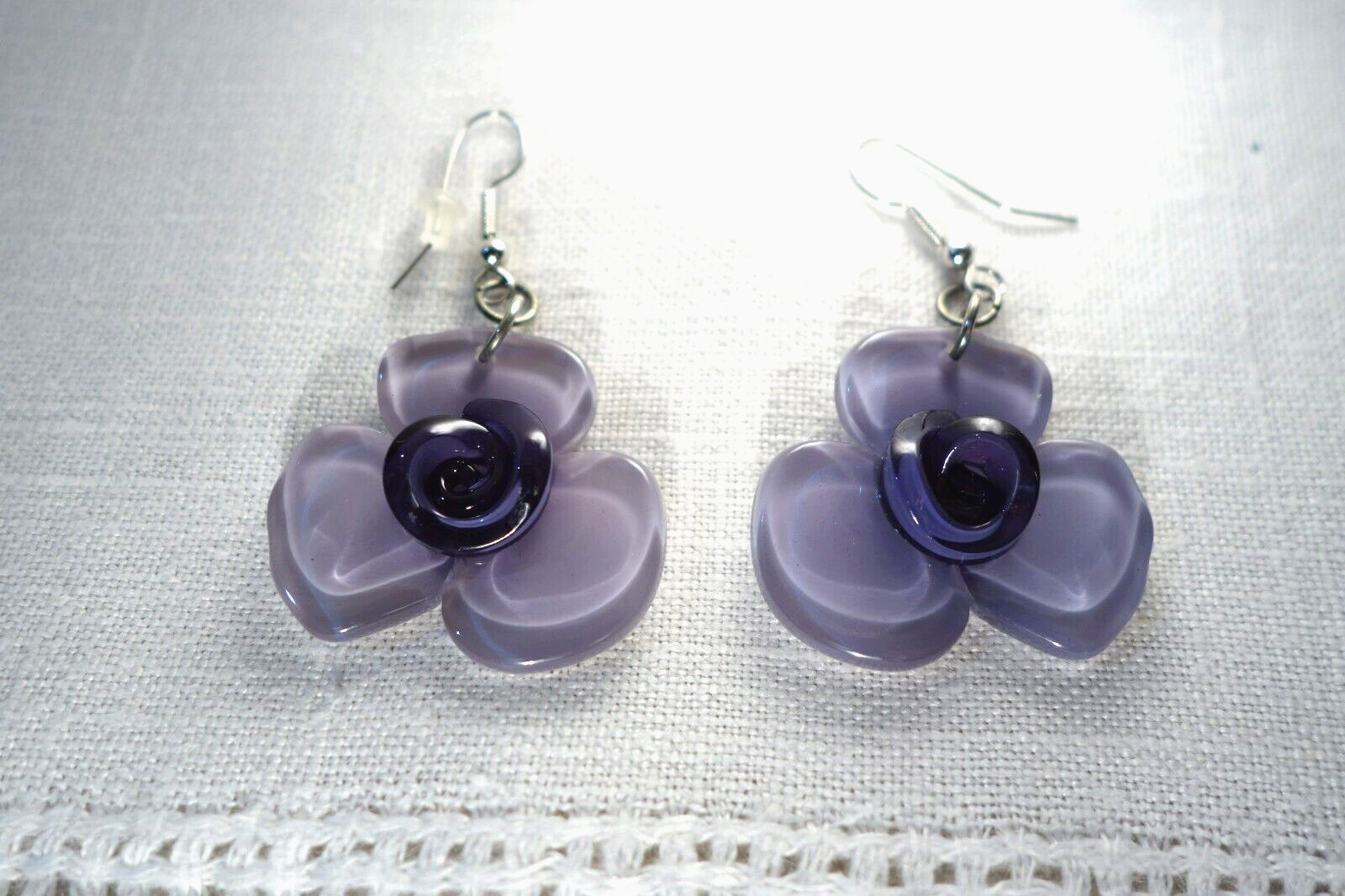 Lavender Flower Acrylic Drop (Silver Tone Finish) Earrings NWT USA