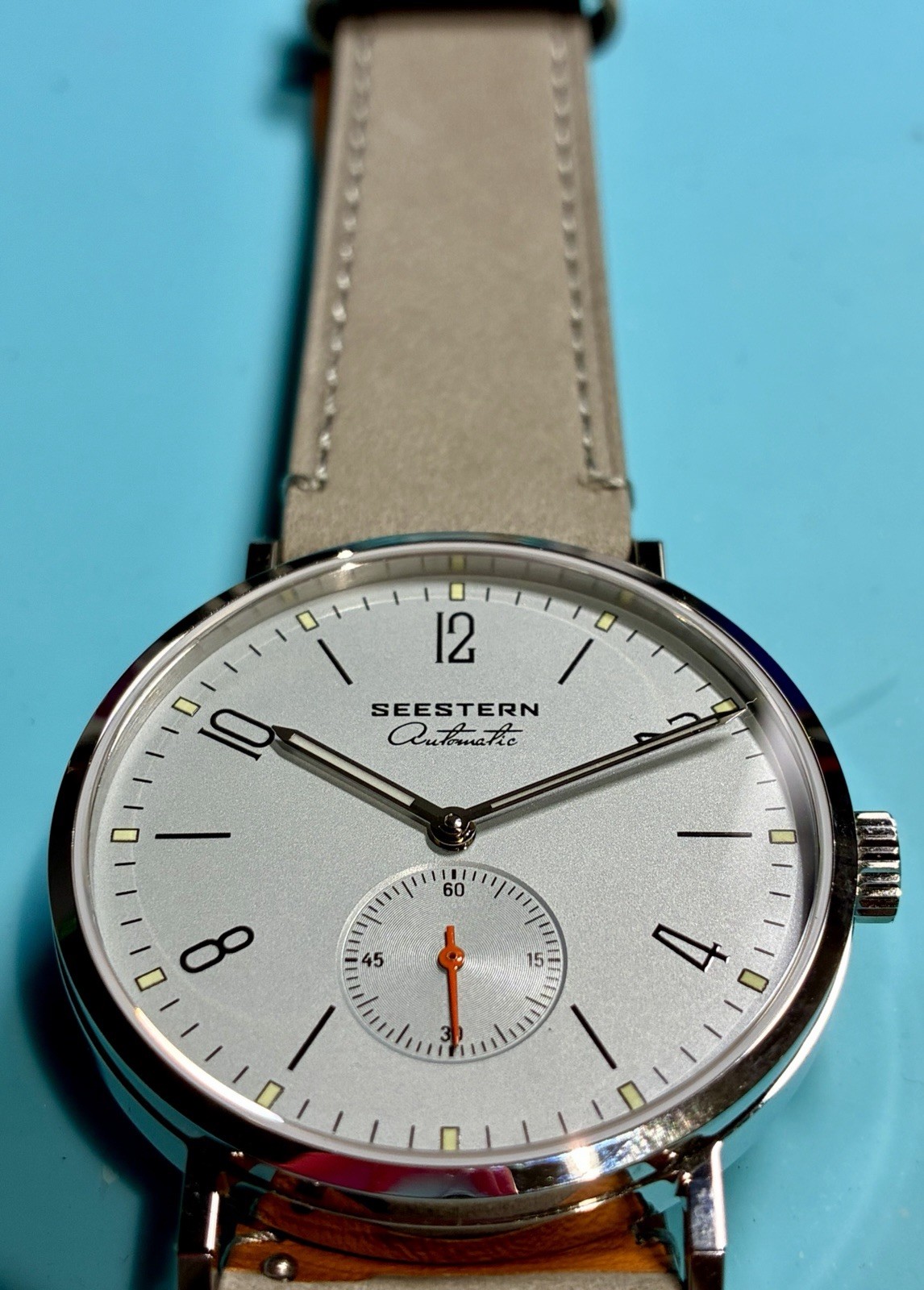 SEESTERN 38MM SMALL SECONDS MINIMALIST BAUHAUS STYLE AUTO SEAGULL LIGHT BLUE NEW
