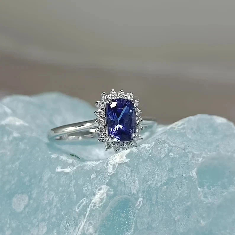 4.80 Ct Cushion Cut Natural Tanzanite & Diamond 14K White Gold Anniversary Ring