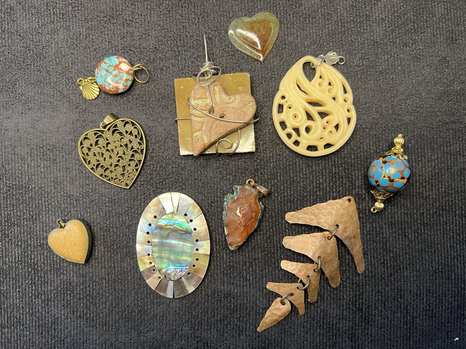 10 Pc Artisan Pendant Lot Abalone Shell Copper Stone Hearts Handmade Mixed