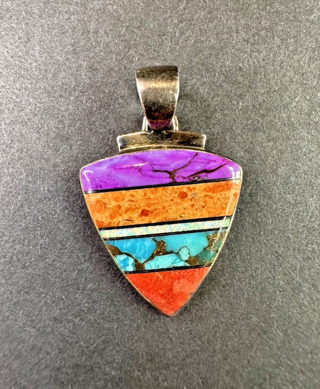 Sterling Silver Signed Philippines Multi Gemstone Inlay Pendant