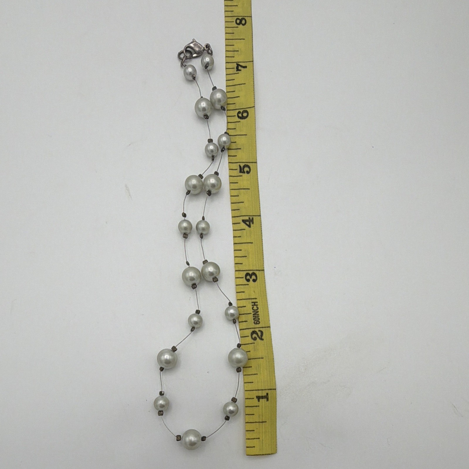 White Simulated Pearl Station Beaded Necklace Silver Tone Lobster 15 in