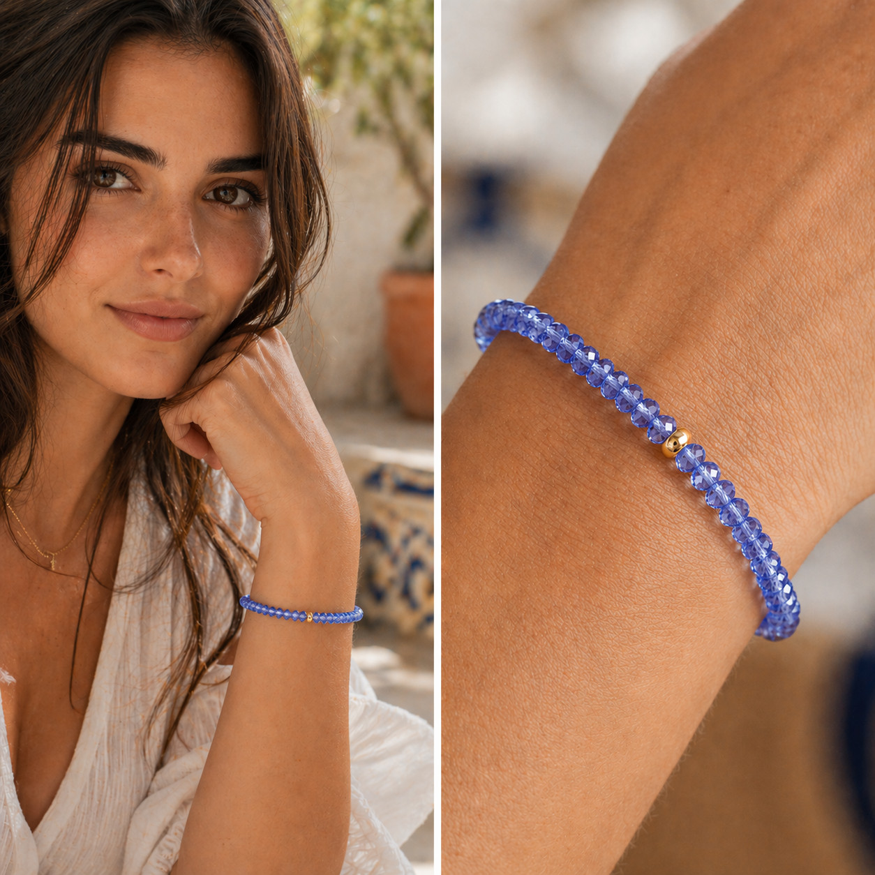 14K GOLD TANZANITE GEMSTONE 3 GOLD ROUNDEL STATION 7.5INCH BRACELET