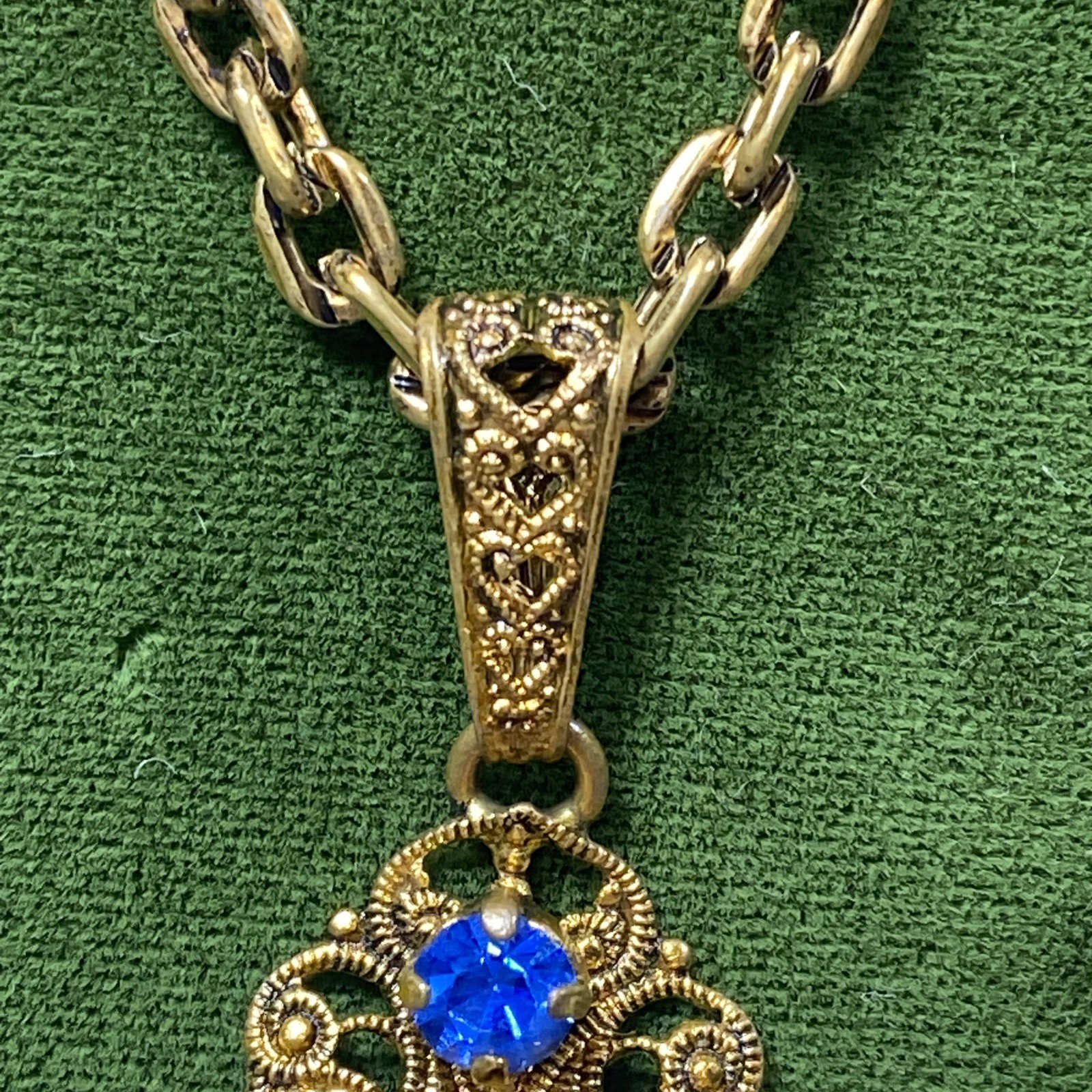 VTG West Germany Blue Rhinestone Filigree Pendant 26″ Necklace 3.25″ Czech Glass
