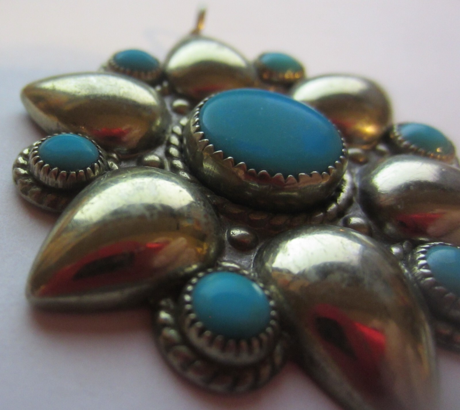 Vintage Nickle Silver Faux Turquoise star burst pendent Bell Trading Post