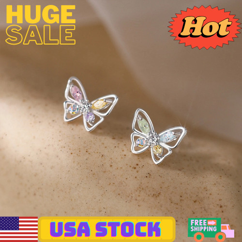 925 Sterling Silver Crystal Colourful Butterfly Stud Earrings Womens Jewellery