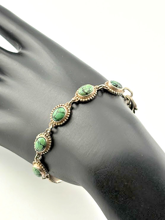 VINTAGE STERLING SILVER GREEN TIBETAN TURQUOISE BRACELET 7″ 14.54G S CHAIN 1476