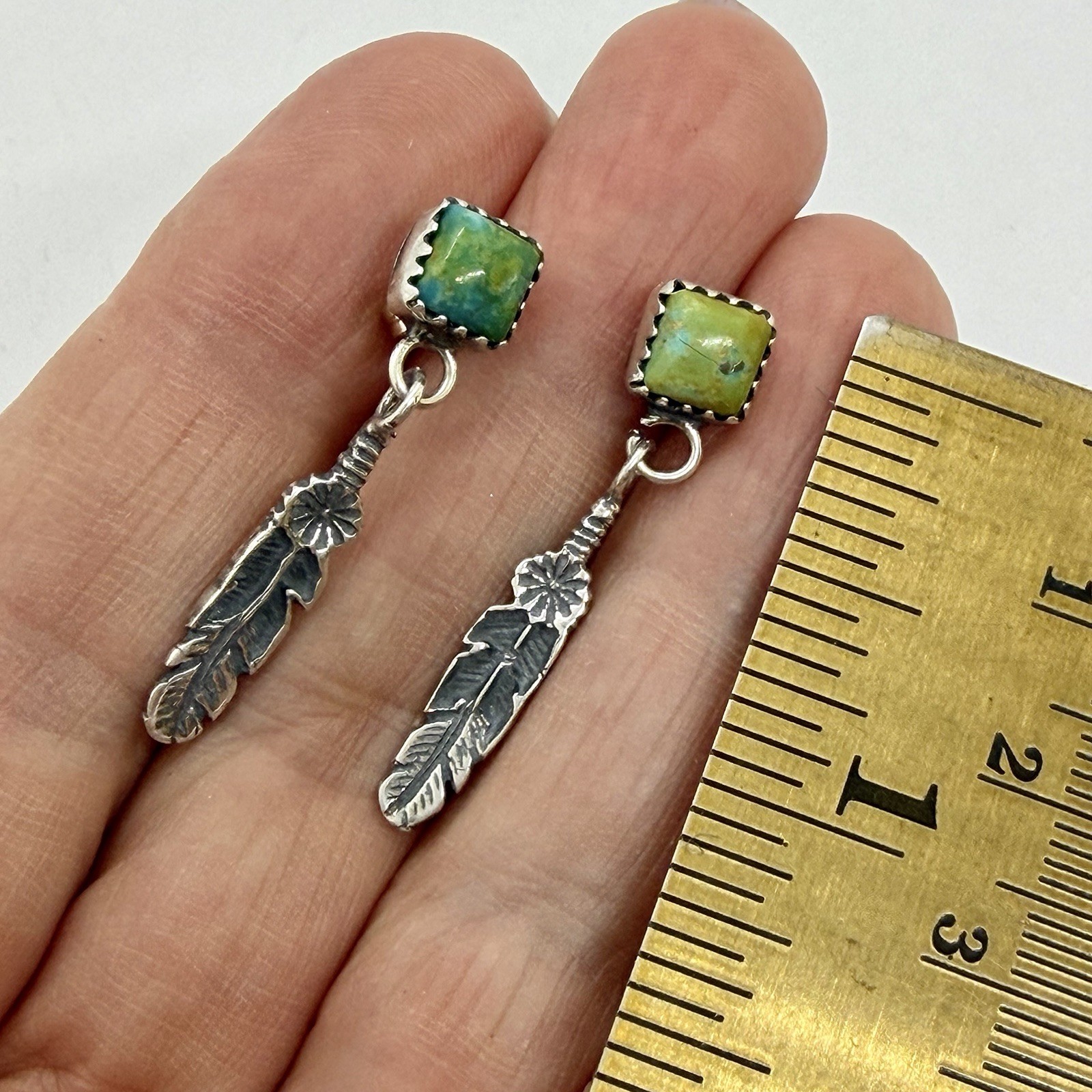 Native American Sterling Silver Turquoise Dangle Stud Feather Earrings by Largo