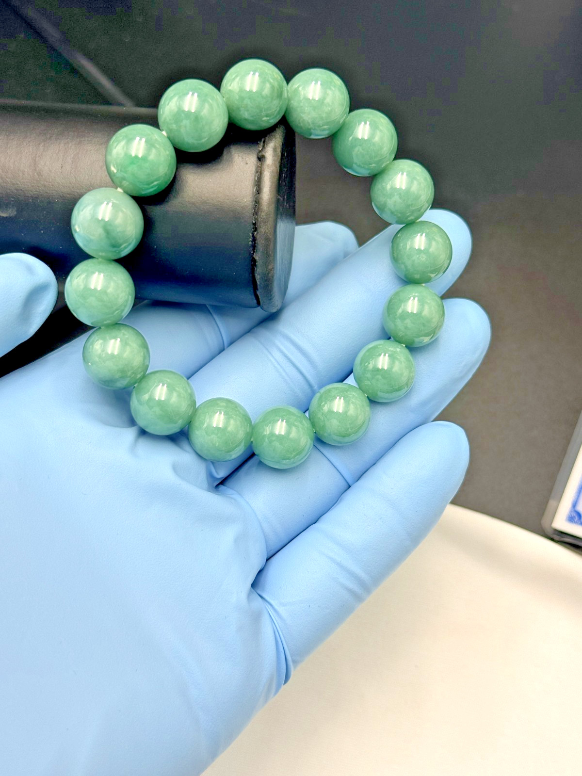 Certified Natural Jadeite Jade Beaded Bracelet Green 13.4mm #100067
