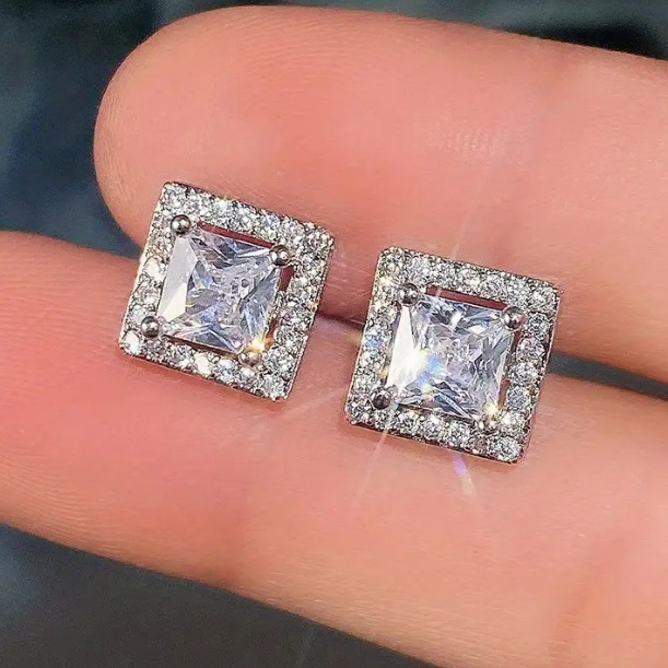 Cubic Zirconia Earrings Princess Cut Stainless Steel Post Back