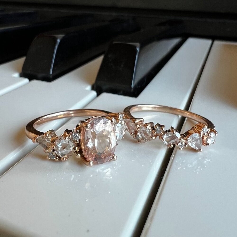 Bridal Set – 2 Morganite + Diamond Cluster Rings, 14K Rose Gold, Luna Skye