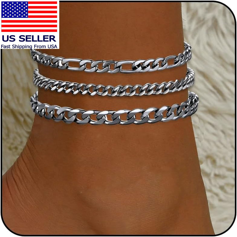 Silver Ankle Bracelets for Women Waterproof Stainless Steel Anklet Adjustable La