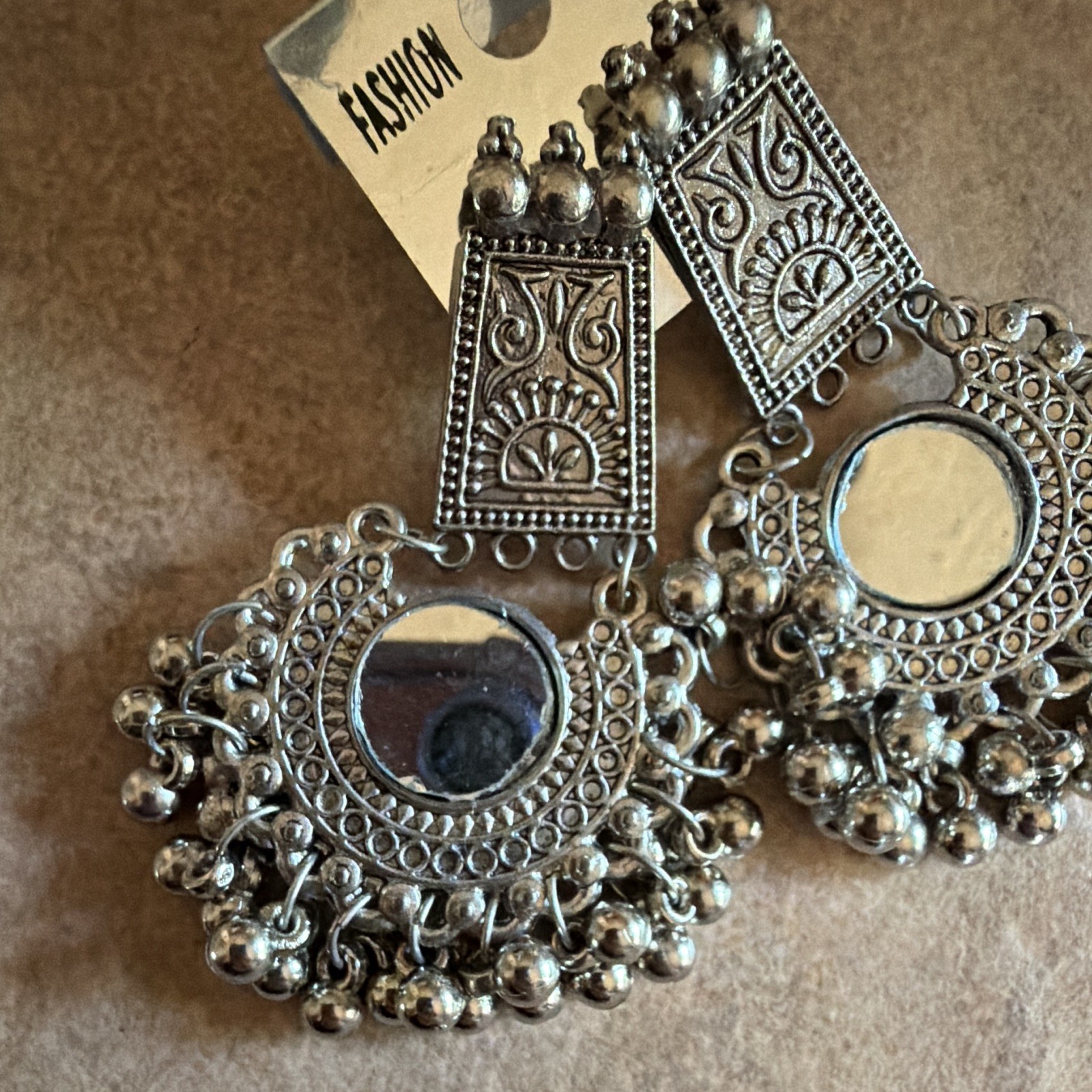 Silver Tone Mirror Disc Dangle Drop Earrings Round Bezel Set Butterfly Back