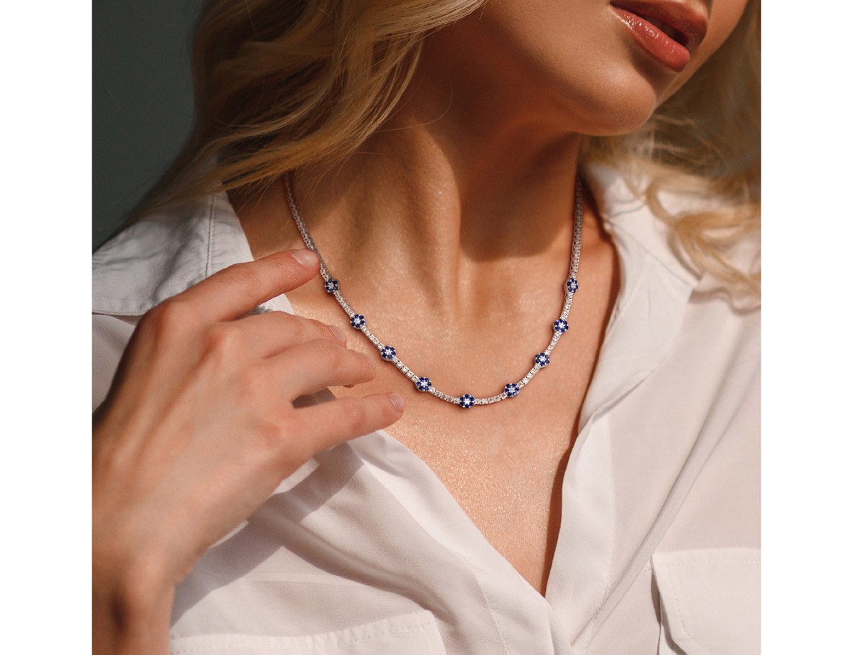 6.43 Carat (ctw) Lab-Created Blue and White Sapphire Floral Necklace Sterling Si