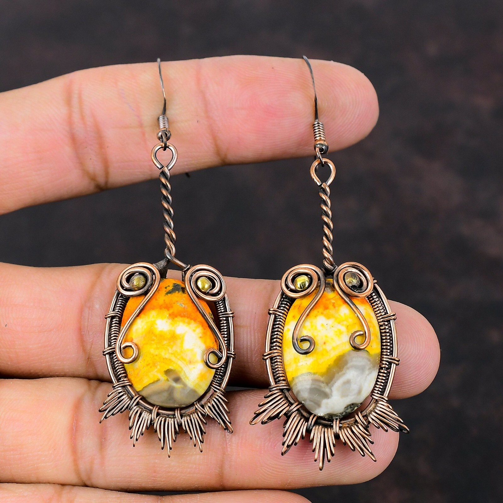 Bumble Bee Jasper Wire Wrapped Drop/Dangle Earrings Copper For Girls 3.07″