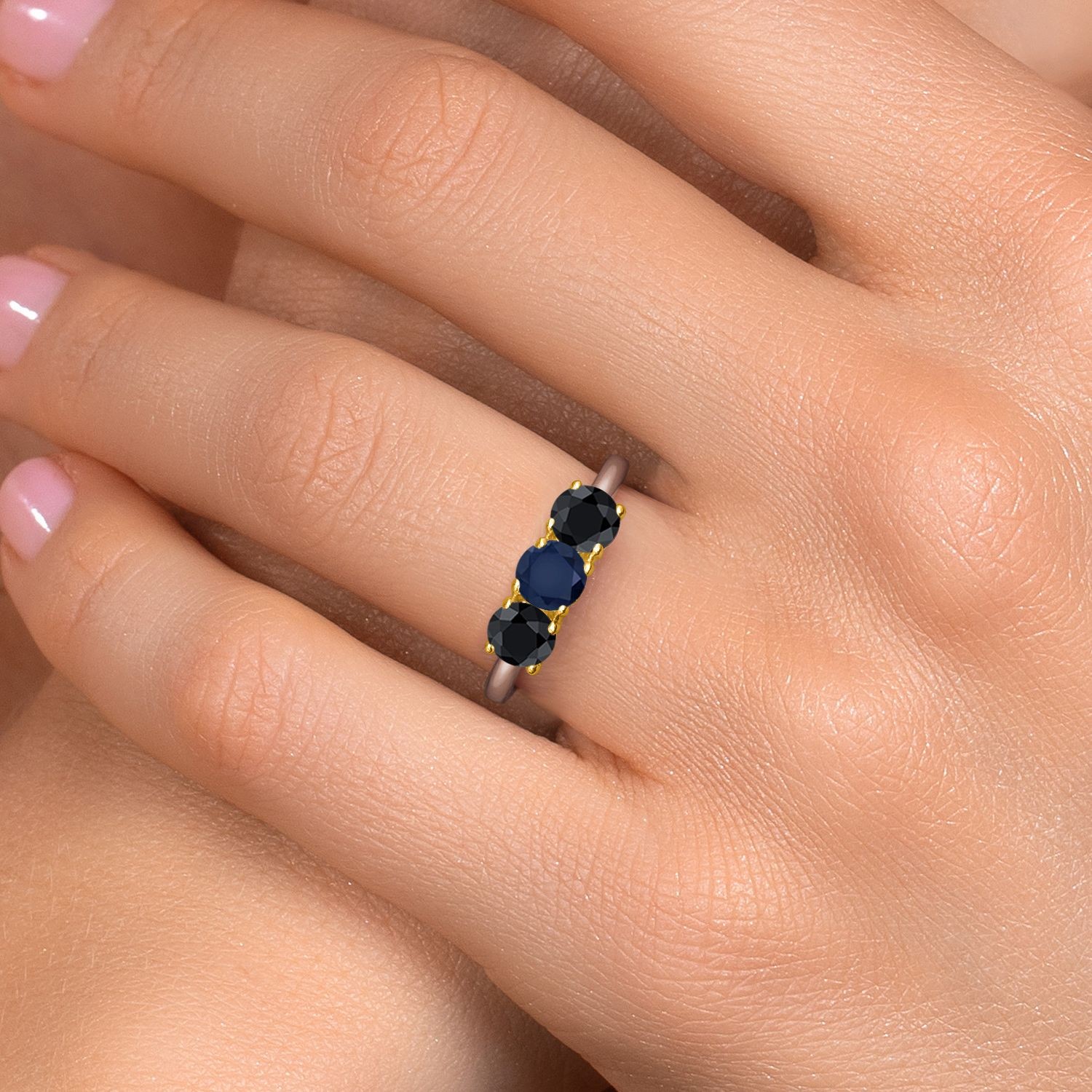 925 Silver and 10K Yellow Gold Sapphire and Black Sapphire Engagement Ring For