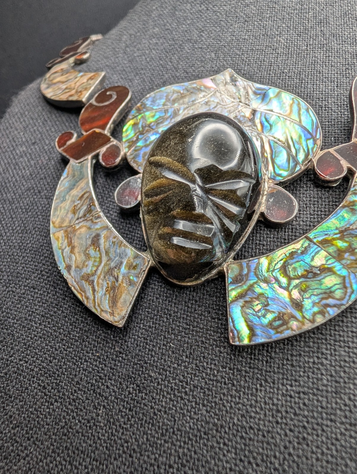Vtg Statement Piece 925 Mexico Sheen Obsidian Tortoise & Abalone Shell