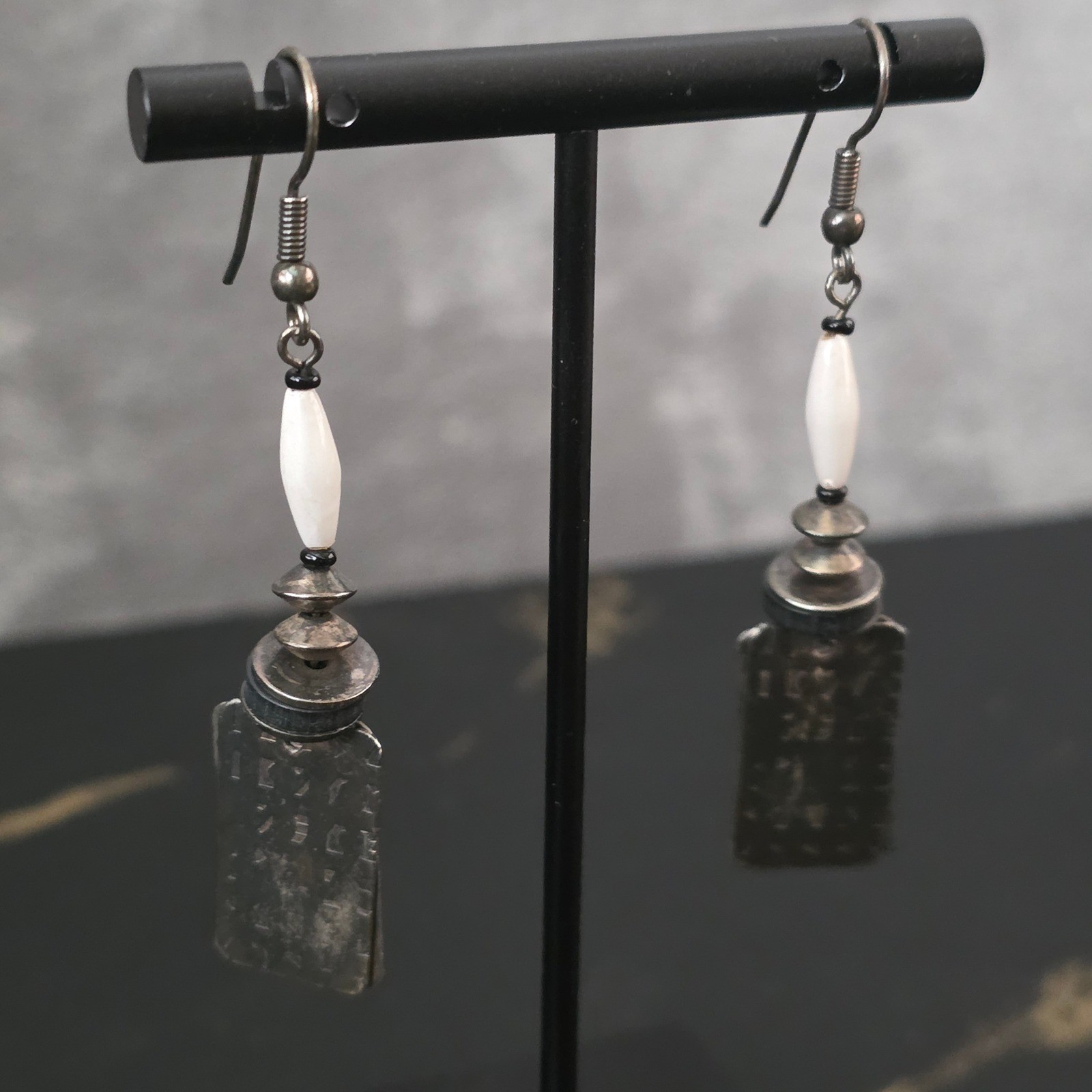 Artisan Mixed Media Drop Earrings Silver Tone Stamped Metal White Bead Dangle