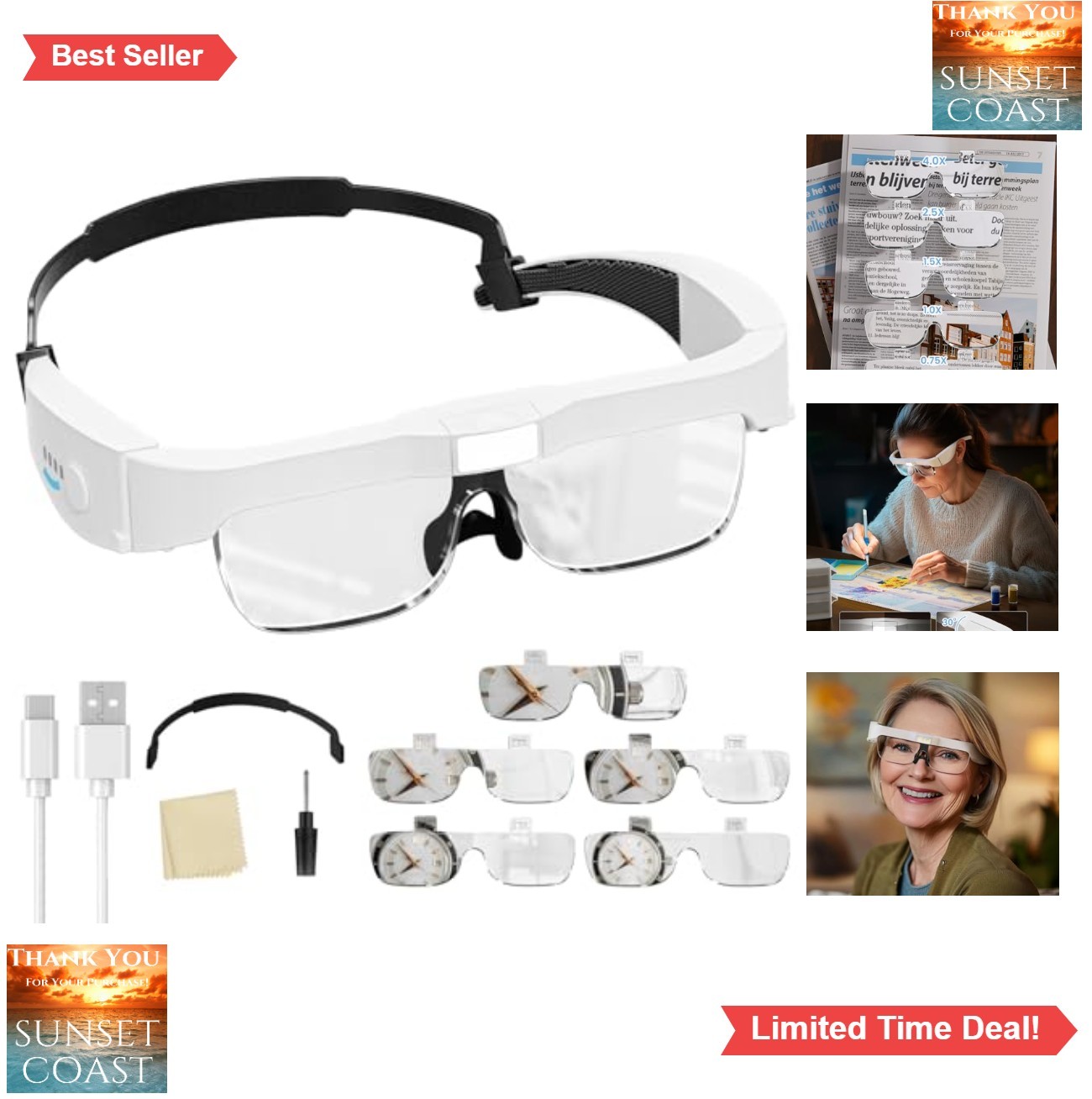 Magnifying Glasses with LED Light Hands-Free 5 Interchangeable Lenses USB