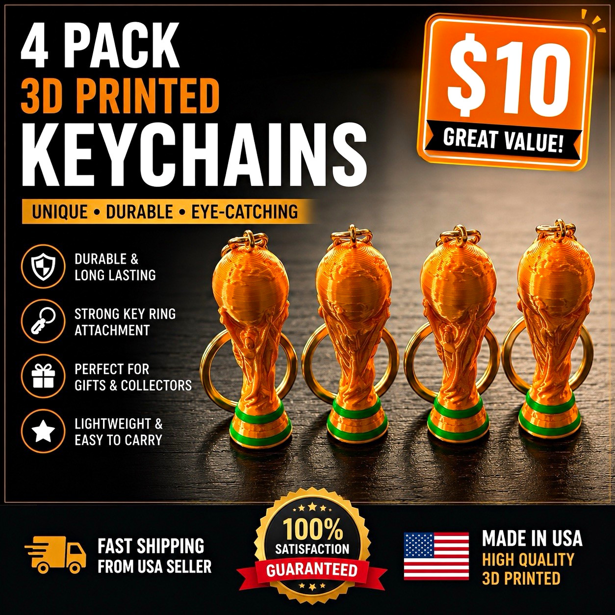 2026 World Cup 4-Pack 3D Printed Trophy Keychains Gold & Green