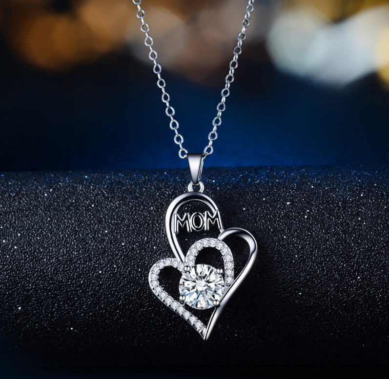 Women Silver Love Heart MOM Cubic Zirconia Pendant Necklace 18″ Gift PE42