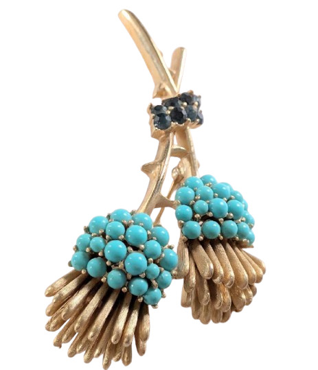 Crown Trifari Vintage Thistle Brooch & Earrings Set Turquoise 2.8in Auth