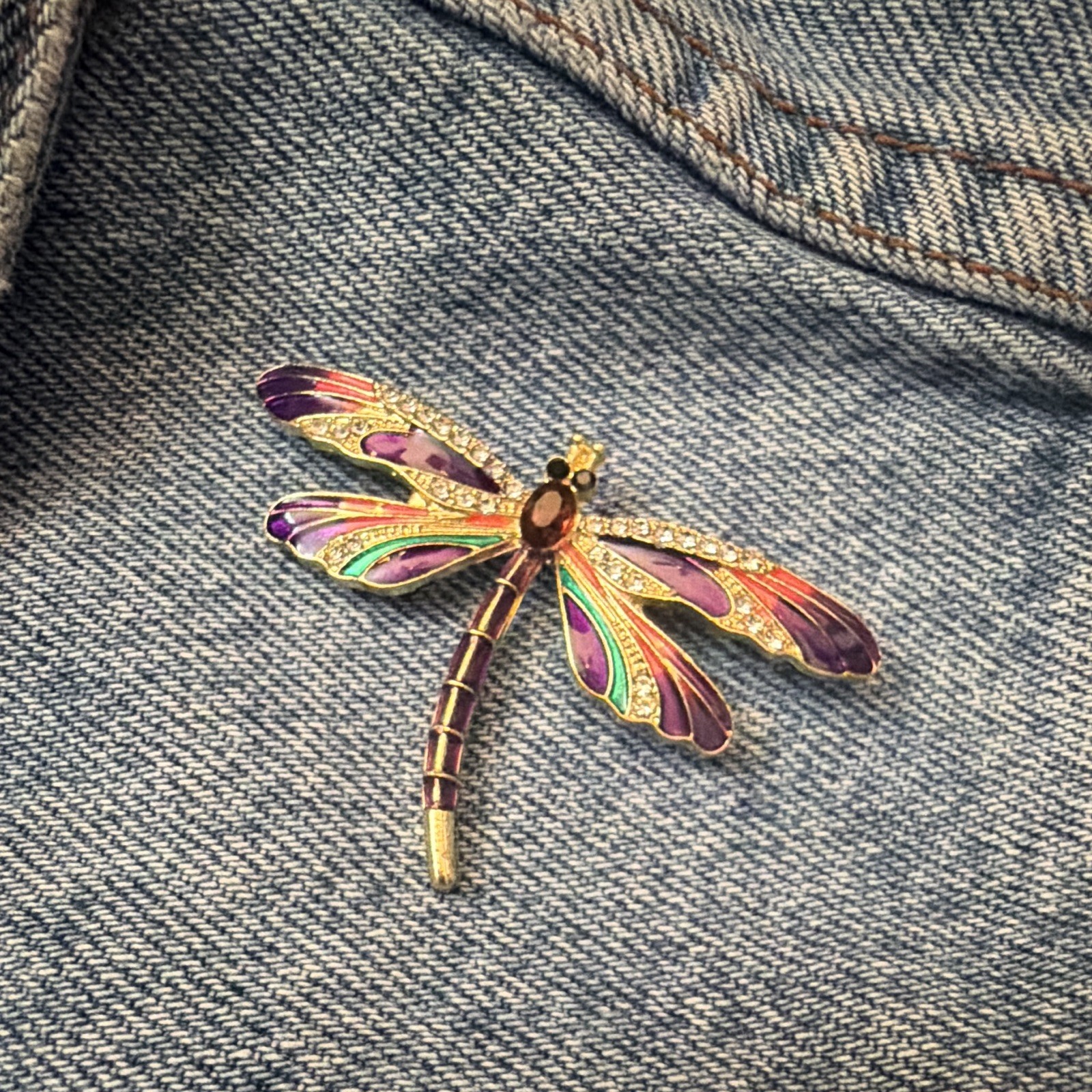 Gold Tone Enamelled Dragonfly Brooch Pin Purple Green Red Rhinestone