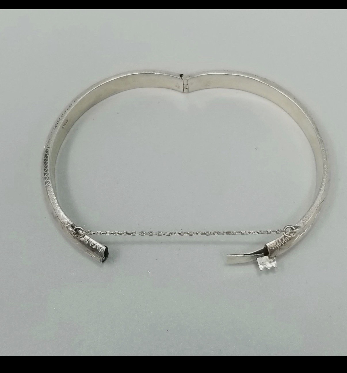Sterling Silver 925 Hinged Bangle Bracelet, Engraved, Safety Chain Cable