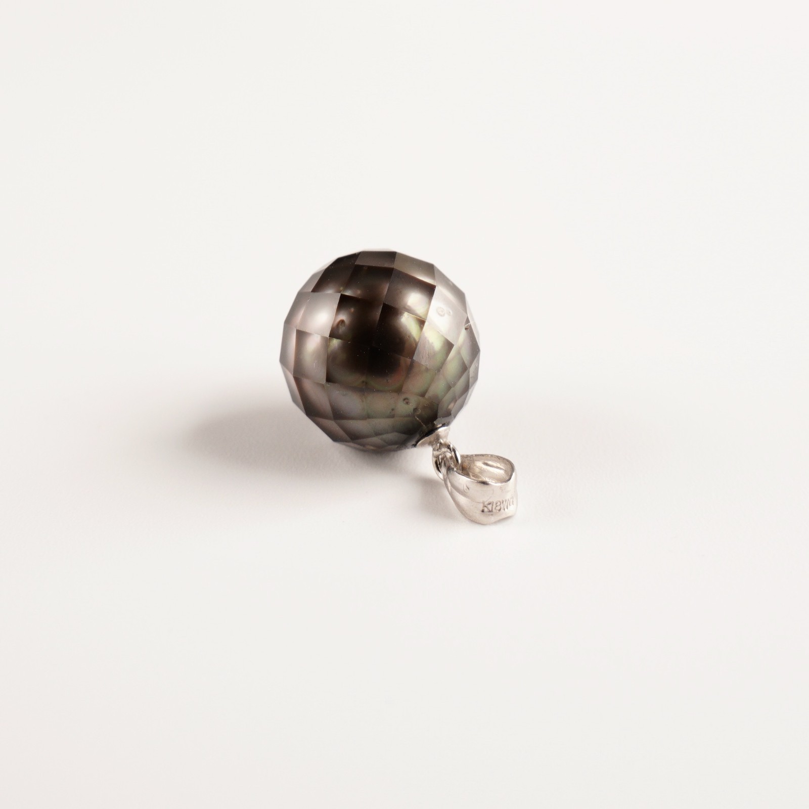 High Luster,Faceted 10.3mm Black Round Tahitian Pearl Pendant,18K White Gold