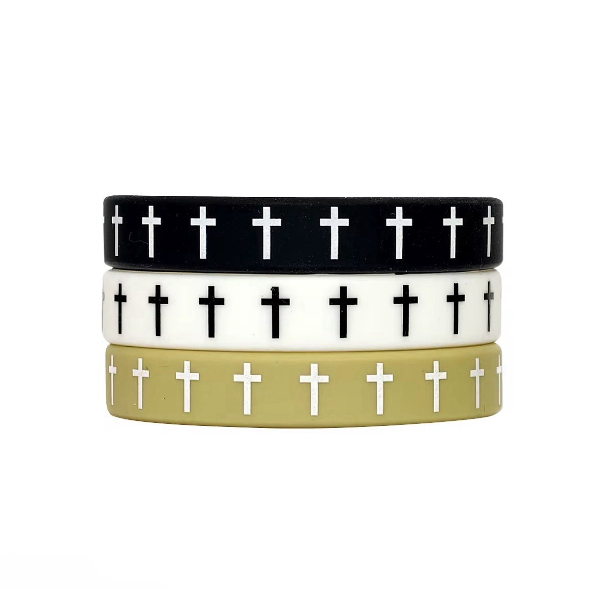 3 PCS Silicone Cross Bracelet Set Black White Olive Christian Wristbands Faith